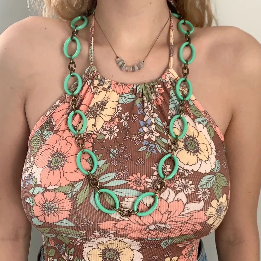 J Crew Necklace Turquoise & Antiques Bronze Tone Link